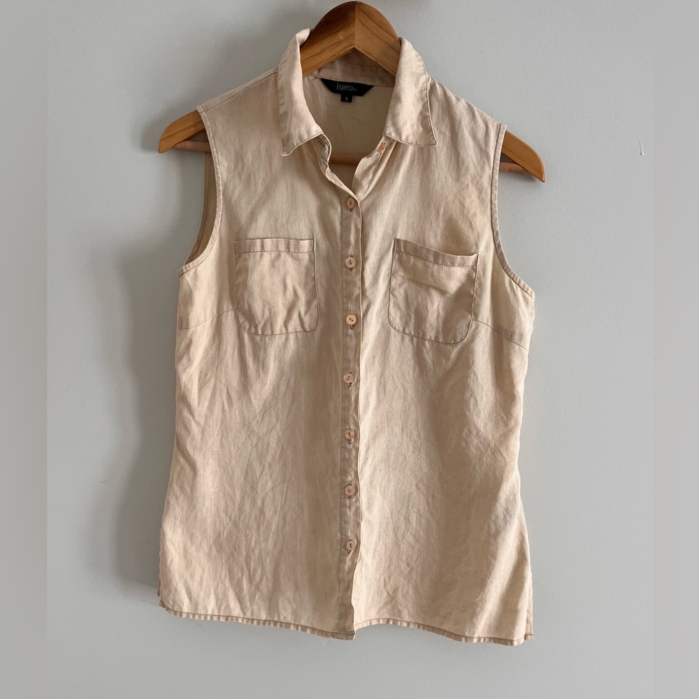 100% LINEN Ishyu Small Sleeveless Shirt Blouse Top Button Down Tan Beige Cream